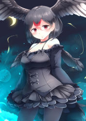 Rule 34 | 10s, 1girl, absurdres, black dress, black hair, black pantyhose, black swan (kemono friends), blush, commentary request, crescent moon, dress, hair between eyes, head wings, highres, kanzakietc, kemono friends, long sleeves, looking at viewer, moon, multicolored hair, night, outdoors, pantyhose, red eyes, red hair, short hair, solo, spread wings, two-tone hair, wings