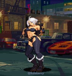 Rule 34 | 1girl, absurdres, angel (kof), ass, ass cutout, blue eyes, bra, breasts, chaps, cleavage, clothing cutout, crotch cutout, fingerless gloves, gloves, grey hair, highres, jacket, legs, looking at viewer, medium breasts, midriff, navel, one eye closed, open clothes, open jacket, parted lips, pixel art, revealing clothes, short hair, smile, strapless, strapless bra, the king of fighters, thick thighs, thighs, toned, underwear