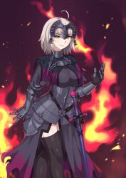 Rule 34 | 1girl, absurdres, ahoge, armor, armored dress, black cape, black dress, black thighhighs, breasts, cape, capelet, chain, dress, fate/grand order, fate (series), fire, gauntlets, gesugao, grin, headpiece, highres, holding, holding sword, holding weapon, hraf8mvqvxzvago, jeanne d&#039;arc (fate), jeanne d&#039;arc alter (fate), large breasts, short hair, skindentation, smile, solo, standing, sword, thighhighs, v-shaped eyebrows, weapon, white background, white hair, yellow eyes