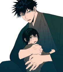 Rule 34 | 2boys, age regression, aged down, black hair, commentary request, crying, crying with eyes open, father and son, fushiguro megumi, fushiguro touji, green eyes, grey kimono, highres, japanese clothes, jujutsu kaisen, kimono, long sleeves, looking at viewer, male focus, multiple boys, open mouth, scar, scar on face, scar on mouth, shenshan laolin, short hair, simple background, tears, white background, wide sleeves