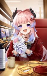 Rule 34 | 1girl, absurdres, aidaosamuaya, black bow, black bowtie, blue hair, bow, bow-shaped hair, bowtie, collar, colored tips, cup, food, genshin impact, gloves, hair ornament, half gloves, highres, holding, holding cup, ice cream cup, jacket, jewelry, long hair, looking at viewer, multicolored eyes, multicolored hair, necklace, official alternate costume, open mouth, outdoors, pink hair, purple eyes, red jacket, sangonomiya kokomi, sangonomiya kokomi (sushiro), shell hair ornament, sidelocks, sitting, smile, solo, sushi, thick eyebrows, white collar, white gloves