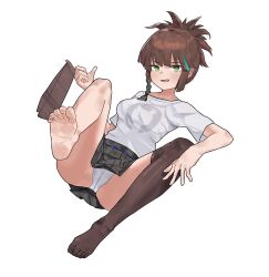 1girl barefoot blush brown_hair feet green_eyes highres long_hair looking_at_viewer open_mouth original panties pantyshot see-through_clothes see-through_legwear soles thighhighs toes underwear unworn_socks xiao_jiucai