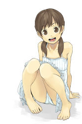 Rule 34 | 1girl, absurdres, arm support, bad id, bad pixiv id, bare legs, bare shoulders, barefoot, brown eyes, brown hair, dress, feet, flat chest, highres, kiwa (a-bell-abi), legs, long hair, open mouth, original, panties, pantyshot, sitting, skirt, smile, solo, sundress, twintails, underwear, white dress, white panties, white skirt