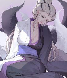 Rule 34 | 1girl, black hair, black kimono, black tail, breasts, closed mouth, commentary, cross, cross earrings, earrings, english commentary, eyelashes, fox tail, grey hair, hair bun, hair pulled back, half updo, hand up, hime (kekkaishi), inverted cross, japanese clothes, jewelry, kekkaishi, kimono, large breasts, lipstick, long hair, long sleeves, looking at viewer, makeup, multicolored hair, multicolored tail, multiple tails, parted lips, pink lips, purple background, sidelocks, single hair bun, sitting, sleeves past fingers, sleeves past wrists, smile, solo, streaked hair, tail, two-tone kimono, very long hair, white kimono, white tail, wide sleeves, yokozuwari, yoshicha