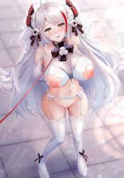 Rule 34 | 1girl, ahoge, arms behind back, azur lane, bare shoulders, bloom, blush, bra, breasts, bridal veil, bride, cleavage, collarbone, commentary request, cross, cupless bra, dress, elbow gloves, eru graphic, flower, furrowed brow, garter belt, garter straps, gloves, halterneck, headgear, highres, iron cross, leash, light particles, light rays, lingerie, long hair, looking at viewer, looking up, mole, mole on breast, multicolored hair, navel, nipple cutout, nippleless clothes, nipples, no panties, open mouth, pov, prinz eugen (azur lane), prinz eugen (symphonic fate) (azur lane), pussy juice, pussy juice trail, red hair, ribbon, see-through, silver hair, skindentation, solo, streaked hair, swept bangs, thighhighs, tile floor, tiles, underwear, veil, very long hair, viewer holding leash, wedding dress, wedding lingerie, white footwear, white garter belt, white gloves, white thighhighs, yellow eyes