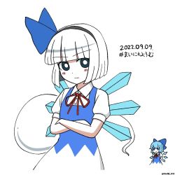 Rule 34 | 2girls, :&gt;, black hairband, blue bow, blue dress, blue eyes, blue hair, blunt bangs, bow, bright pupils, cirno, cirno (cosplay), collared shirt, cosplay, crossed arms, dated, dress, ghost, green eyes, hair bow, hairband, hands on own hips, highres, hoshii 1213, ice, ice wings, konpaku youmu, konpaku youmu (ghost), looking at viewer, multiple girls, pinafore dress, shirt, short hair, short sleeves, simple background, sleeveless dress, solo focus, touhou, white background, white hair, white pupils, white shirt, wings