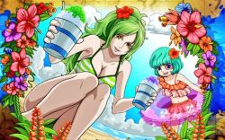 Rule 34 | 2girls, artist request, beach, bikini, breasts, cleavage, cloud, food, green hair, ice cream, jpeg artifacts, looking at viewer, monet (one piece), multiple girls, ocean, one piece, siblings, sisters, smile, source request, sugar (one piece), swimsuit, tagme