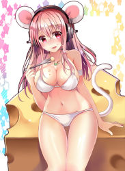 Rule 34 | 1girl, animal ears, arm strap, bikini, blush, breasts, cheese, chocho (homelessfox), cowboy shot, eating, female focus, food, fork, hair between eyes, headphones, large breasts, long hair, looking at viewer, mouse ears, mouse tail, navel, nitroplus, pink hair, sitting, solo, super sonico, swimsuit, tail, thigh gap, tongue, tongue out, white bikini