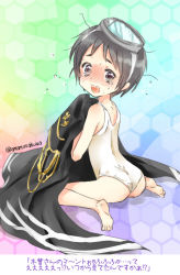 Rule 34 | 10s, 1girl, amano sakuya, black eyes, black hair, blush, cape, diving mask, diving mask on head, goggles, goggles on head, kantai collection, looking at viewer, maru-yu (kancolle), messy hair, open mouth, short hair, sitting, solo, swimsuit, tears, wariza, wavy mouth