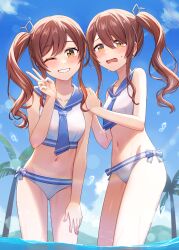 Rule 34 | 2girls, alternate hairstyle, bare shoulders, bikini, blue neckerchief, blue sailor collar, blue sky, blush, cloud, cloudy sky, collarbone, commentary, day, grin, hair between eyes, hair ribbon, hand on own thigh, hand up, hands on another&#039;s shoulders, highres, idolmaster, idolmaster shiny colors, kurageso, leaning forward, long hair, looking at viewer, midriff, multiple girls, navel, neckerchief, one eye closed, open mouth, osaki amana, osaki tenka, outdoors, palm tree, red hair, ribbon, sailor bikini, sailor collar, sailor swimsuit (idolmaster), siblings, side-tie bikini bottom, side ponytail, sisters, sky, smile, standing, swept bangs, swimsuit, teeth, tree, twins, v, wading, water, wet, white bikini, yellow eyes