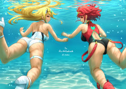 Rule 34 | 2girls, artist name, ass, back, bare shoulders, black one-piece swimsuit, blonde hair, breasts, circlet, closed mouth, commission, competition swimsuit, earrings, high heels, highres, jewelry, large breasts, long hair, looking at viewer, looking back, medium hair, multiple girls, mythra (radiant beach) (xenoblade), mythra (xenoblade), ocean, one-piece swimsuit, pyra (pro swimmer) (xenoblade), pyra (xenoblade), red eyes, red footwear, red hair, shouhei, smile, swimming, swimsuit, underwater, white footwear, white one-piece swimsuit, xenoblade chronicles (series), xenoblade chronicles 2, yellow eyes