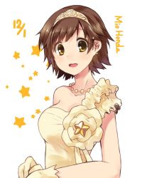 Rule 34 | 10s, asymmetrical clothes, bare arms, bare shoulders, blush, breasts, brown eyes, brown hair, character name, cleavage, collarbone, dress, earrings, eyebrows, gloves, honda mio, idolmaster, idolmaster cinderella girls, jewelry, looking at viewer, own hands together, paopao, round teeth, short hair, simple background, single strap, solo, star (symbol), tareme, teeth, tiara, upper body, white background, yellow dress, yellow gloves