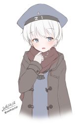 Rule 34 | 10s, 1girl, bad id, bad twitter id, blue eyes, breath, clothes writing, coat, dated, dress, hat, highres, kantai collection, open mouth, rerrere, sailor dress, sailor hat, scarf, short hair, silver hair, solo, twitter username, z1 leberecht maass (kancolle)