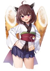 Rule 34 | 1girl, absurdres, ahoge, blue skirt, blush, breasts, brown hair, contrapposto, cowboy shot, cropped legs, ebifurya, floral print, hands on own hips, headgear, highres, japanese clothes, kimono, kiritanpo (food), long sleeves, looking at viewer, obi, obiage, obijime, open mouth, pink eyes, pleated skirt, print kimono, psd available, red sash, sash, short hair, skirt, small breasts, smile, solo, tachi-e, touhoku kiritan, transparent background, voiceroid, white kimono, wide sleeves