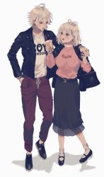 Rule 34 | 1boy, 1girl, 234 (1234!), :d, antenna hair, aohitsugi nemu, aohitsugi samatoki, bad id, bad pixiv id, bead bracelet, beads, belt, black footwear, black jacket, black skirt, blush, bracelet, breasts, brother and sister, clothes writing, cup, disposable cup, ear piercing, earrings, eye contact, full body, hands in pockets, holding, holding cup, hypnosis mic, jacket, jacket on shoulders, jewelry, large breasts, long skirt, long sleeves, looking at another, mary janes, necklace, open clothes, open jacket, open mouth, pants, pendant, piercing, pink sweater, purple pants, ring, see-through, shirt, shoes, short hair, siblings, silver hair, simple background, skirt, smile, sneakers, socks, standing, sweater, tongue, tongue out, v-shaped eyebrows, white background, white legwear, white shirt