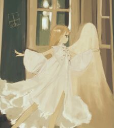 Rule 34 | 1girl, bed sheet, blonde hair, chisato charme, closed mouth, clothing cutout, doodle inset, dress, from side, green eyes, highres, long dress, long hair, long sleeves, original, outstretched arms, profile, shoulder cutout, smile, solo, spread arms, standing, standing on one leg, vest, white dress, white vest, wide sleeves