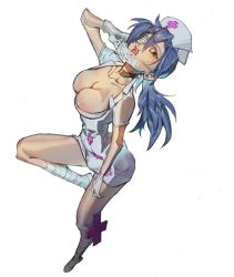 Rule 34 | 1girl, blue hair, breasts, choker, cleavage, collarbone, eyepatch, from above, gloves, hat, highres, large breasts, leg up, leg wrap, long hair, mask, mask pull, mouth mask, nurse, nurse cap, open mouth, ponytail, red eyes, scar, skullgirls, solo, surgical mask, symbol-shaped pupils, tanakalma, tongue, tongue out, valentine (skullgirls)