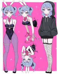 Rule 34 | 1girl, absurdres, animal ears, black hoodie, black leotard, blue eyes, blue hair, breasts, cellphone, channel ( caststation), cuffs, expressionless, fake animal ears, fishnet thighhighs, fishnets, full body, garter straps, handcuffs, hands in pockets, hatsune miku, highres, holding, holding phone, hood, hoodie, intoru 4, leotard, multiple views, pantyhose, phone, pink pupils, playboy bunny, rabbit ears, rabbit hole (vocaloid), small breasts, smartphone, smile, thighhighs, through wall, twintails, upside-down, vocaloid