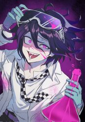 Rule 34 | 1boy, arm up, black background, black hair, bottle, checkered necktie, coat, collarbone, danganronpa (series), danganronpa v3: killing harmony, fangs, gloves, goggles, goggles on head, green gloves, hair between eyes, hand up, highres, holding, holding bottle, lab coat, male focus, multicolored hair, necktie, open clothes, open coat, open mouth, oma kokichi, pink background, pink eyes, pink hair, shirt, solo, teeth, ttegi (ddeck dg), two-tone hair, white shirt