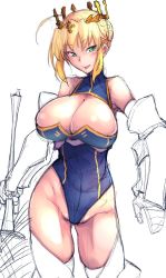 Rule 34 | 1girl, ahoge, armor, artoria pendragon (all), artoria pendragon (fate), artoria pendragon (lancer) (fate), blonde hair, blush, braid, breasts, cleavage, covered navel, cowboy shot, crown, crown braid, fate/grand order, fate (series), french braid, gauntlets, green eyes, highleg, highleg leotard, holding, holding weapon, kagami uekusa, lance, large breasts, leotard, looking at viewer, mature female, open mouth, partially colored, pauldrons, polearm, rhongomyniad (fate), saber (fate), shiny skin, short hair, short hair with long locks, shoulder armor, simple background, sketch, skindentation, smile, solo, unfinished, weapon, wedgie, white background