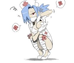 Rule 34 | 1girl, ankle wrap, annoyed, bad drawr id, bad id, bandages, blue hair, breast hold, breasts, cleavage, dress, gloves, hair over one eye, hat, kusada, large breasts, leg wrap, mask, mouth mask, nurse, nurse cap, ponytail, red eyes, saw, short dress, simple background, skullgirls, slippers, solo, squatting, surgical mask, valentine (skullgirls), white background, white gloves