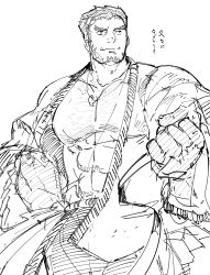 Rule 34 | 1boy, abs, bad id, bad twitter id, bara, bare pectorals, chest hair, clenched hand, feet out of frame, forked eyebrows, greyscale, hachimaki, happi, headband, highres, itaru (kidomh63), japanese clothes, large pectorals, long sideburns, looking to the side, male focus, mature male, monochrome, muscular, muscular male, nejiri hachimaki, pectorals, short hair, sideburns, sketch, smile, solo, standing, tajikarao (housamo), tokyo houkago summoners, translation request, tusks