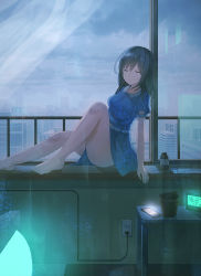 Rule 34 | 1girl, alarm clock, bare legs, barefoot, belt, belt buckle, black hair, blue belt, blue dress, blue sky, bottle, breasts, buckle, building, cable, cellphone, chihuri, cityscape, clock, closed eyes, closed mouth, cloud, cloudy sky, collared dress, commentary request, curtains, day, digital clock, dress, electrical outlet, facing viewer, flower pot, glowing, hair between eyes, indoors, knee up, long hair, medium breasts, original, phone, puffy short sleeves, puffy sleeves, short sleeves, sitting, sky, skyscraper, smartphone, solo, toenails, transparent, window