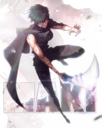 Rule 34 | 1girl, absurdres, bandage over one eye, black shirt, breasts, burn scar, cape, glasses, glint, green hair, highres, holding, holding sword, holding weapon, jujutsu kaisen, large breasts, round eyewear, scar, scar on face, shirt, short hair, sleeveless, solo, stephengiannart, sword, weapon, white background, zen&#039;in maki