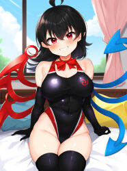 Rule 34 | 1girl, ahoge, asymmetrical wings, black gloves, black hair, black one-piece swimsuit, black thighhighs, blue wings, blush, breasts, competition swimsuit, covered navel, curtains, daichi (tokoya), elbow gloves, gloves, grin, groin, hair between eyes, highres, houjuu nue, large breasts, one-piece swimsuit, red eyes, red wings, short hair, smile, solo, swimsuit, thighhighs, touhou, window, wings