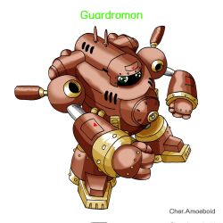 Rule 34 | digimon, digimon (creature), green eyes, guardromon, highres, looking at viewer, simple background, solo, white background