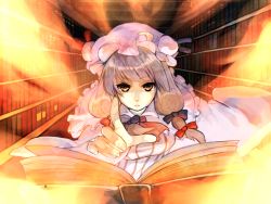 Rule 34 | 1girl, bad id, bad pixiv id, book, bookshelf, brown eyes, crescent, female focus, fire, foreshortening, hat, itirirenn, library, orange eyes, patchouli knowledge, purple hair, solo, touhou, upper body, voile
