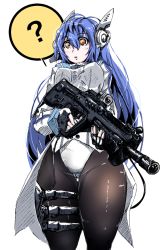 Rule 34 | 1girl, ?, assault rifle, black pantyhose, blue hair, breasts, bullpup, commentary request, cowboy shot, expressionless, fingerless gloves, girls&#039; frontline, gloves, gun, hair between eyes, holding, holding gun, holding weapon, iwi tavor, jamie leano, large breasts, leotard, long hair, long sleeves, orange eyes, pantyhose, parted lips, perky breasts, rifle, robot ears, solo, standing, tar-21 (girls&#039; frontline), thick thighs, thighs, thought bubble, weapon, white background, white leotard