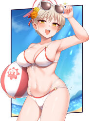 Rule 34 | 0208ramune, 1girl, :d, alternate costume, armpits, ball, beach, beachball, bikini, blue archive, blue sky, blush, breasts, brown hair, cloud, commentary request, day, eyewear on head, flower, hair flower, hair ornament, halo, highres, holding, holding ball, holding beachball, large breasts, looking at viewer, marina (blue archive), navel, ocean, open mouth, outdoors, red halo, short hair, sky, smile, solo, stomach, sunglasses, swimsuit, white bikini, yellow eyes