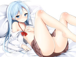 Rule 34 | 10s, 1girl, bare legs, bare shoulders, barefoot, bed, blue eyes, blue hair, blush, covering privates, covering breasts, denpa onna to seishun otoko, flat chest, hand on own chest, kawauchi (kaz7ry), kazunari, legs, legs up, light smile, long hair, lying, matching hair/eyes, on back, open clothes, open shirt, pillow, shirt, smile, solo, touwa erio