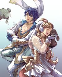 Rule 34 | 1boy, 1girl, absurdres, alfonse (fire emblem), alternate costume, animal ears, blonde hair, blue hair, brother and sister, choker, closed eyes, cuddling, dress, fake animal ears, fire emblem, fire emblem heroes, gradient background, highres, jin (phoenixpear), long hair, nintendo, official alternate costume, pectorals, rabbit, rabbit ears, see-through, sharena (fire emblem), siblings, simple background, smile, white dress