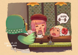 Rule 34 | 1girl, 2boys, :d, ^ ^, animal crossing, apron, artist name, beret, bird boy, black eyes, black vest, blunt bangs, border, brewster (animal crossing), brown border, closed eyes, coffee, coffee mug, coffee pot, commentary, counter, cup, curled horns, dated, dom (animal crossing), english commentary, facial hair, furry, furry male, hands up, hanging light, hat, head on table, hime cut, holding, holding cup, horns, indoors, laughing, long hair, matchaneko, mug, multiple boys, mustache, nintendo, open mouth, pink hair, pink horns, pink shirt, raised eyebrows, red headwear, saucer, sheep boy, sheep horns, shirt, sidelocks, smile, speech bubble, teeth, upper teeth only, vest, villager (animal crossing), waist apron, washing, white apron