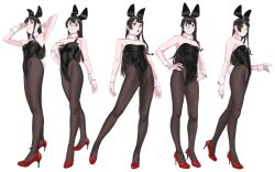 Rule 34 | 1girl, absurdres, animal ears, black hair, black leotard, black pantyhose, breasts, closed mouth, contrapposto, crossed legs, detached collar, fake animal ears, fake tail, full body, green eyes, high heels, highres, kantai collection, leotard, long hair, looking at viewer, multiple views, ojipon, ooyodo (kancolle), pantyhose, playboy bunny, rabbit ears, rabbit tail, red footwear, see-through, semi-rimless eyewear, simple background, small breasts, smile, standing, strap, tail, under-rim eyewear, watson cross, white background, wrist cuffs