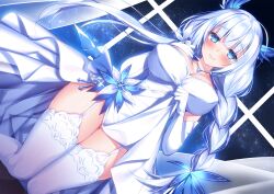 Rule 34 | 1girl, azur lane, bare shoulders, blue eyes, blue gemstone, braid, breasts, cleavage, clothes lift, cocktail dress, commentary, dress, dress flower, dress lift, dutch angle, elbow gloves, evening gown, feather dress, feet out of frame, garter straps, gem, gloves, hair wings, highres, huge breasts, illustrious (azur lane), illustrious (illustrious ball) (azur lane), jewelry, kneeling, lifting own clothes, long hair, looking at viewer, necklace, night, night sky, official alternate costume, sky, solo, sorai shin&#039;ya, star (sky), starry sky, strapless, strapless dress, thighhighs, very long hair, white dress, white garter straps, white gloves, white hair, white thighhighs