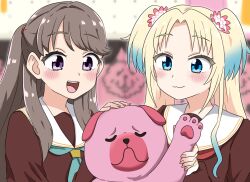 Rule 34 | 2girls, :3, :d, absurdres, blonde hair, blue eyes, blue hair, blurry, blurry background, blush, brown hair, bulldog, closed mouth, flower, fujishima megumi, gradient hair, hair flower, hair ornament, hand on another&#039;s head, highres, holding, holding stuffed toy, kanzaki gou, light blue hair, link! like! love live!, long hair, looking at object, love live!, mira-cra park!, multicolored hair, multiple girls, open mouth, osawa rurino, parted bangs, pink flower, purple eyes, sidelocks, smile, stuffed animal, stuffed dog, stuffed toy, tongue, twintails, two side up, virtual youtuber, white flower