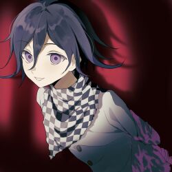 Rule 34 | 1boy, arm belt, arms behind back, blood, blood on clothes, buttons, checkered clothes, checkered scarf, danganronpa (series), danganronpa v3: killing harmony, flipped hair, from side, hair between eyes, highres, long sleeves, looking at viewer, male focus, menbou 1tt, multicolored buttons, oma kokichi, pink blood, purple eyes, purple hair, red background, ringed eyes, scarf, shadow, shirt, short hair, smile, solo, teeth, two-tone scarf, upper body