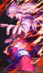 Rule 34 | 1girl, baggy pants, bow, breath, eye trail, fire, foreshortening, from side, fujiwara no mokou, full body, hair between eyes, hair bow, highres, light particles, light trail, long hair, long sleeves, looking ahead, ofuda, ofuda on clothes, open mouth, pants, red eyes, red footwear, red pants, serious, shirt, shoes, sleeve garter, solo, standing, touhou, very long hair, white bow, white hair, white shirt, yuara