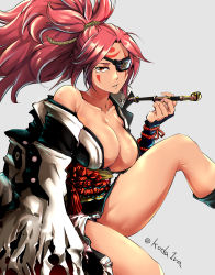 Rule 34 | 1girl, arc system works, artist name, baiken, breasts, brown eyes, cleavage, commentary request, facial mark, grey background, guilty gear, hair ornament, highres, holding, holding smoking pipe, jacket, koda1ra, large breasts, long hair, looking at viewer, off-shoulder jacket, off shoulder, parted lips, ponytail, red hair, simple background, smoking pipe, solo, torn clothes