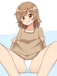 Rule 34 | 1girl, absurdres, aona (shiraha maru), aona (shiraha maru) (cosplay), brown dress, brown eyes, brown hair, clothes lift, cosplay, crotch seam, dress, dress lift, grin, hair ornament, hairclip, highres, lifted by self, looking at viewer, original, panties, polka dot, polka dot panties, shiraha maru, shirone (shiraha maru), short dress, sitting, smile, solo, spread legs, underwear, white panties