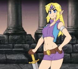 Rule 34 | 1girl, animated, animated gif, armlet, blonde hair, blue eyes, breasts, circlet, collarbone, cowboy shot, gloves, groin, hand on own hip, long hair, medium breasts, midriff, navel, nintendo, pointy ears, princess zelda, shardanic, skirt, smile, solo, sword, the legend of zelda, the legend of zelda (cd-i), vest, weapon, zelda: the wand of gamelon