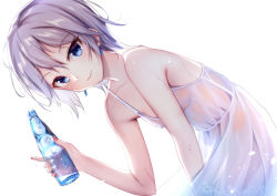 Rule 34 | 1girl, anastasia (idolmaster), armpit crease, bare arms, bare shoulders, bent over, blue eyes, bottle, closed mouth, collarbone, commentary request, dress, earrings, holding, holding bottle, idolmaster, idolmaster cinderella girls, jewelry, looking at viewer, nail polish, pink nails, ramune, see-through, short hair, sidelocks, silver hair, simple background, sleeveless, sleeveless dress, smile, spaghetti strap, sweat, water bottle, wet, wet clothes, white background, white dress, yan (nicknikg)