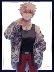 Rule 34 | 1boy, adcalcium, animal print, bakugou katsuki, belt, black belt, black border, black tank top, boku no hero academia, border, clenched teeth, commentary request, cowboy shot, hand on own neck, highres, jacket, jewelry, leopard print, long hair, long sleeves, looking at viewer, male focus, necklace, outside border, pants, print jacket, red eyes, red pants, short hair, simple background, solo, spiked hair, standing, tank top, teeth, white background