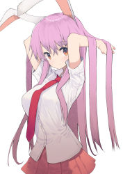 Rule 34 | 1girl, absurdres, animal ears, arms up, blush, breasts, closed mouth, collared shirt, commentary request, dress shirt, hair between eyes, hands in hair, highres, long hair, looking at viewer, medium breasts, mieharu, necktie, pink hair, pleated skirt, rabbit ears, red eyes, red necktie, red skirt, reisen udongein inaba, shirt, short sleeves, simple background, skirt, smile, solo, touhou, very long hair, white background, white shirt