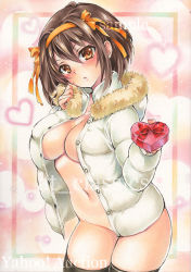 Rule 34 | 1girl, artist name, at classics, black thighhighs, blush, bottomless, breasts, brown eyes, brown hair, buttons, candy, chocolate, chocolate heart, cowboy shot, food, fur collar, groin, hair between eyes, hairband, heart, holding, holding chocolate, holding food, long sleeves, looking at viewer, medium breasts, navel, no bra, sample watermark, solo, stomach, suzumiya haruhi, suzumiya haruhi no yuuutsu, thighhighs, traditional media, unbuttoned, watermark