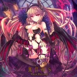 Rule 34 | 1girl, album cover, album name, arm behind head, armlet, aura, black hairband, black thighhighs, blonde hair, blue gemstone, breasts, candle, cleavage, closed mouth, commentary request, cover, demon girl, demon horns, demon wings, frilled hairband, frills, gem, gloves, hairband, horns, jewelry, lamp, large breasts, long hair, looking at viewer, magic circle, navel, original, pointy ears, purple gemstone, reaching, reaching towards viewer, slit pupils, smile, solo, thighhighs, thighs, tochigi kirihito, very long hair, wings