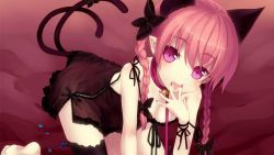 Rule 34 | 1girl, all fours, animal ears, barefoot, bell, black dress, bow, braid, breasts, bridal garter, cat ears, cat tail, choker, cunnilingus gesture, dress, duplicate, earrings, hair bow, jewelry, kaenbyou rin, minamura haruki, multiple tails, nail polish, pink nails, pointy ears, red eyes, red hair, ribbon choker, short dress, short hair, solo, spaghetti strap, strap slip, stud earrings, tail, tongue, tongue out, touhou, twin braids